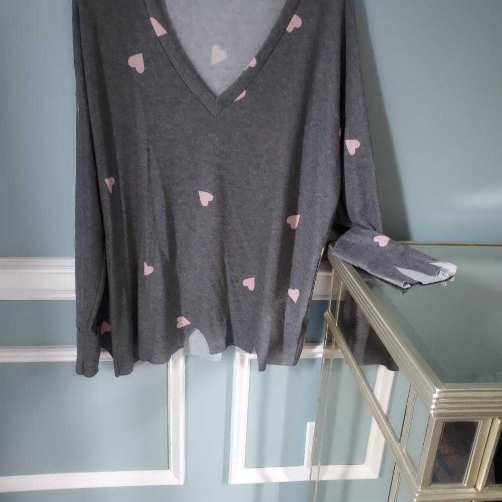 Gray V-Neck Sweater with Pink Hearts